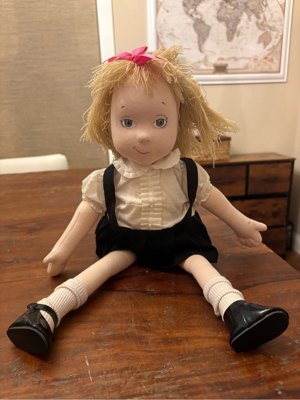 Collectible Madame Alexander Eloise Rag Doll in Black Dress with Pink Bow